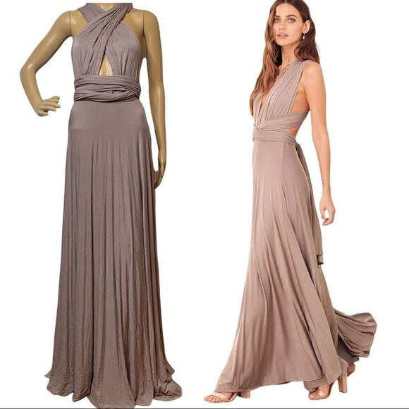 Bridesmaid Maxi Dress Lulus Tricks of the Trade Multi Way Gown Taupe Large - Picture 1 of 14